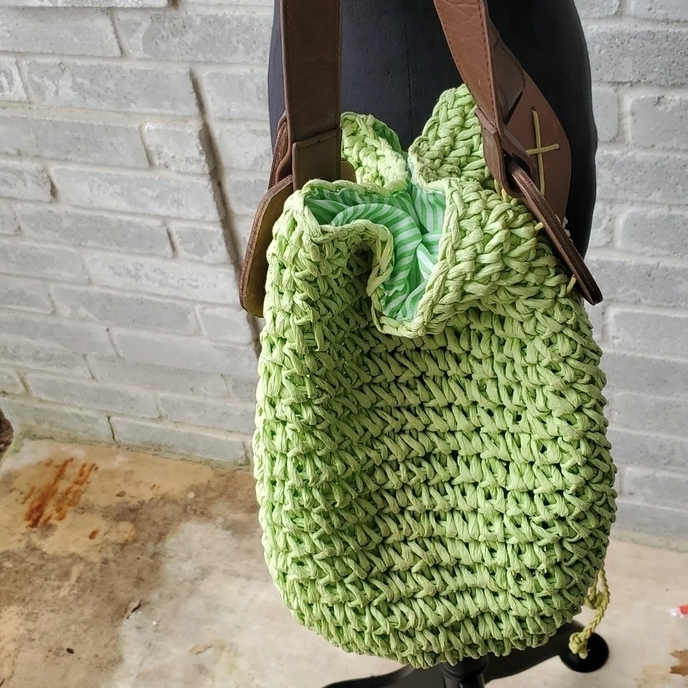 Retro 70s bag boho crepe paper green wood purse stripped bohemian purse …